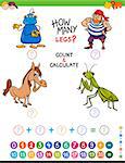 Cartoon Illustration of Educational Mathematical Counting and Addition Game for Kids with Funny Characters