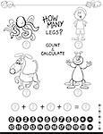 Black and White Cartoon Illustration of Educational Mathematical Counting and Addition Game for Kids with Comic Characters Coloring Page