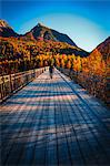 Man walking across wooden bridge, Scuol, Engadin,  Switzerland