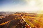 Sunlit view from hot air balloon of rolling landscape and autumn vineyards, Langhe, Piedmont, Italy