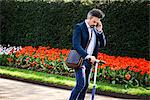 Businessman on scooter passing tulip flowerbed, London, UK