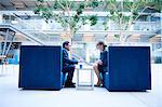 Businesswoman and man at meeting in office atrium armchairs