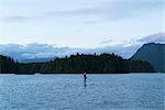 Man standing on paddle board on water, Pacific Rim National Park, Vancouver Island, Canada