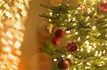 Red ornaments hanging from Christmas tree with string lights