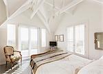 Modern luxury white home showcase bedroom with vaulted ceiling