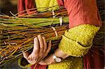 Close up of woman holding a willow bundle in a basket weaver's workshop.