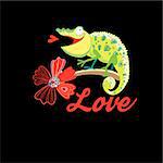 Graphics in love with a funny chameleon on a dark background