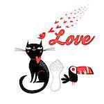 Bright greeting card with a cat and a bird in love