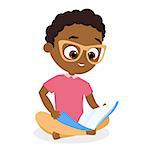 African American boy with glasses. Young boy reading a book sitting on the floor. Vector illustration eps 10. Flat cartoon style