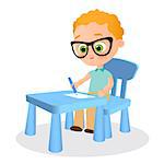 Young boy with glasses paints sitting at a school desk . Vector illustration eps 10. Flat cartoon style