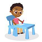 Young african american boy paints sitting at a school desk . Vector illustration eps 10. Flat cartoon style