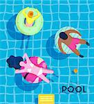 Summer pool poster with pool and people swimming on the swim ring, bright colorful modern style