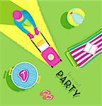 Backyard party poster with lawnmower man, deck chair, bbq grill, beach ball, flip flops, book, meat, bright colorful modern style