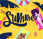 Summer time poster with beach and lying on deck chair people on the sun, bright colorful modern style
