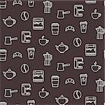 Coffee line icons seamless chocolate brown vector pattern. Barista tools background.