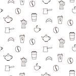 Coffee house line icons seamless vector pattern. Barista tools background.