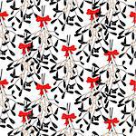 Mistletoe branches seamless vector pattern. Traditional plant tied with red bow. Black stylized leaves on white background.