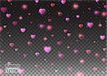 De focused and glittering separated elements. Valentines day background with bokeh effect falling hearts and confetti on transparent background. Vector illustration.