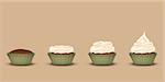 Set of 4 cupcakes in one line in tins. Starting without the cream and ending with ascending three-tier cream. Brown background. 3D simulation