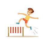 Boy Hurdle Racing, Kid Practicing Different Sports And Physical Activities In Physical Education Class. Athletic Teenager Happy To Do Sportive Training Cartoon Vector Illustration.