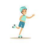 Boy Roller Skating, Kid Practicing Different Sports And Physical Activities In Physical Education Class. Athletic Teenager Happy To Do Sportive Training Cartoon Vector Illustration.