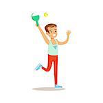 Boy Playing Badminton, Kid Practicing Different Sports And Physical Activities In Physical Education Class. Athletic Teenager Happy To Do Sportive Training Cartoon Vector Illustration.