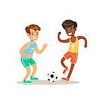 Boys Playing Football Kid Practicing Different Sports And Physical Activities In Physical Education Class. Athletic Teenager Happy To Do Sportive Training Cartoon Vector Illustration.