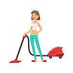 Woman Housewife Vacuum Cleaning The Floor , Classic Household Duty Of Staying-at-home Wife Illustration. Smiling Female Character And Her Domestic Affairs Vector Drawing.