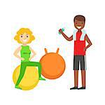 Woman Doing Exercise On Ball WIth Help Of Personal Trainer, Member Of The Fitness Club Working Out And Exercising In Trendy Sportswear. Healthy Lifestyle And Fitness Set Of Illustrations With Person Visiting Gym