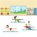 Yoga Class With Trainer Helping And Correcting , Member Of The Fitness Club Working Out And Exercising In Trendy Sportswear. Healthy Lifestyle And Fitness Set Of Illustrations With Person Visiting Gym