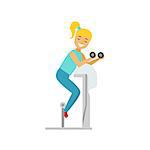 Woman Exercising With Dumbbells On Equipment Piece , Member Of The Fitness Club Working Out And Exercising In Trendy Sportswear. Healthy Lifestyle And Fitness Set Of Illustrations With Person Visiting Gym