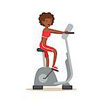 Woman On Bicycle Simulator Equipment , Member Of The Fitness Club Working Out And Exercising In Trendy Sportswear. Healthy Lifestyle And Fitness Set Of Illustrations With Person Visiting Gym