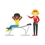 Woman Exercising Abs With Help Of Personal Trainer, Member Of The Fitness Club Working Out And Exercising In Trendy Sportswear. Healthy Lifestyle And Fitness Set Of Illustrations With Person Visiting Gym