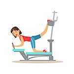 Woman Doing LEg Muscle Exercises With Equipment , Member Of The Fitness Club Working Out And Exercising In Trendy Sportswear. Healthy Lifestyle And Fitness Set Of Illustrations With Person Visiting Gym