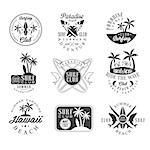 Summer Vacation In Hawaii Black And White Sign Design Templates With Text And Tools Silhouettes. Collection Of Monochrome Vector Emblems For Beach Surfing Holydays Advertisement.