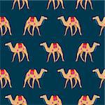 Camel cartoon vector seamless pattern on blue. Desert animal with decorated bridle and saddle.