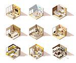 Vector isometric low poly home rooms set. Includes living room, bathroom, kitchen, kids room, garage, bedroom, dining room and other