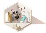 Vector isometric low poly ophthalmologist office cutaway icon. Includes phoropter, eye chart, doctor's working desk and other furniture