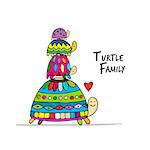 Funny family, turtle with chidren, sketch for your design. Vector illustration