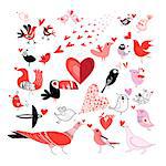 Beautiful Set of graphics much in love with birds on a white background