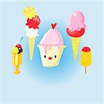 Graphic set of cheerful delicious ice cream on a blue background