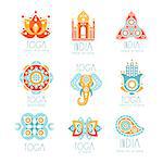 Indian Yoga Studio Set Of Colorful Promo Sign Design Templates With Mandalas And Stylized Famous Spiritual Indian Symbols. Bright Color Promotional Vector Labels With Text Series.