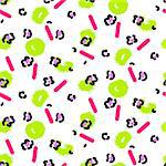 Abstract leopard stain and green spots seamless pattern. Black, pink and green elements on white tileable vector background.