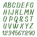 Marker letters and numbers. Vector hand written marker alphabet or calligraphic font. Writing green marker alphabet illustration