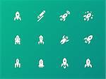 Rocket icons on green background. Vector illustration.