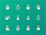 Flacon and flask icons on green background. Vector illustration.