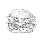 Fast Food Burger Dotwork. Raster Illustration of Hamburger. Hand Drawn Sketch.