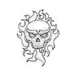 Human Skull with Fire Flame Dotwork. Raster Illustration of Boho Style T-shirt Design. Hipster Tattoo Hand Drawn Sketch.