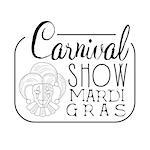 Hand Drawn Monochrome Mardi Gras Event Vintage Promotion Sign With Clowns Portrait In Pencil Sketch Style With Calligraphic Text. Theatre Festival Artistic Label Design Template In Black And White Color Vector Illustration.