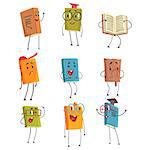 Cute Humanized Book Emoji Characters Representing Different Types Of Literature, Kids And School Books. Smiling, Laughing And Expressing Other Emotions Had Cover Manuals And Fiction Books Illustrations.